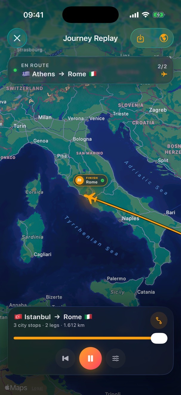 Journey Replay: a plane flying from Athens to Rome across a satellite map of Italy.